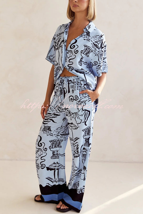 Fashionable Plant Print Loose Lapel Short Sleeve Shirt and Casual Elastic Waist Pocket Pants Set