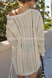 Fashion Hollow Long Sleeve Loose Drawstring Knitted Cover-ups