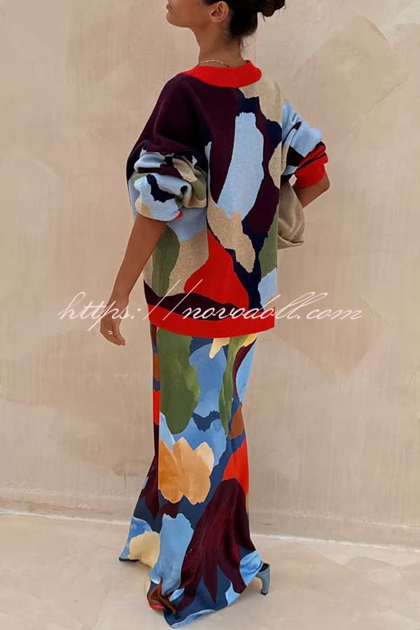 Bright and Bold Satin Abstract Color Blocks Print Elastic Waist Drape Maxi Skirt