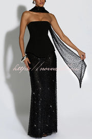 Oakley Corset Strapless Top and Sequin High Rise Maxi Skirt Scarf Set