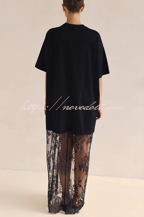 Ophelia Short Sleeve Sheer Floral Lace Hem Oversized T-shirt Maxi Dress