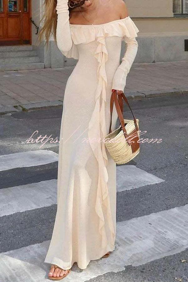 Darling Way Knit Off Shoulder Long Sleeve Drape Ruffles Slit Stretch Maxi Dress