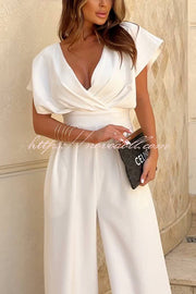 Solid Color V-neck Waist Casual Wide-leg Jumpsuit