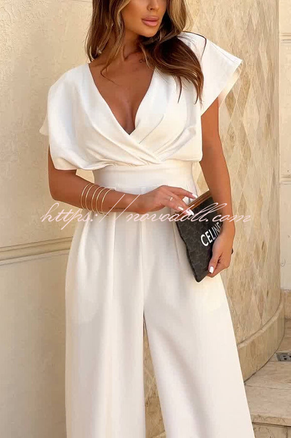 Solid Color V-neck Waist Casual Wide-leg Jumpsuit
