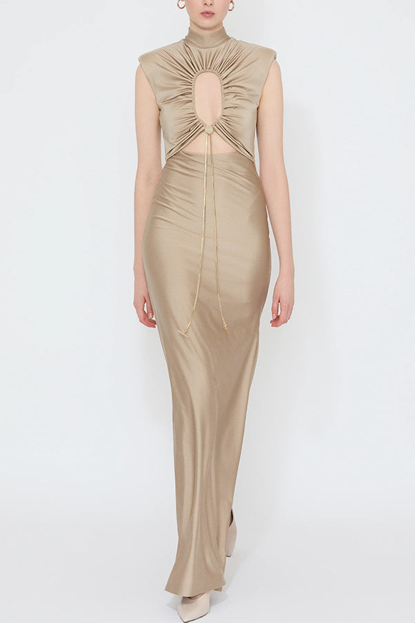 Genis Hollow Elastic Bust High Neck Sleeveless Gathered Maxi Dress