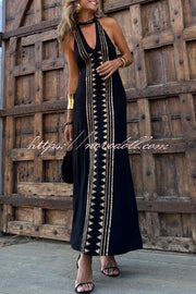 Meret Gold Geometric Print Halter Backless Stretch Maxi Dress