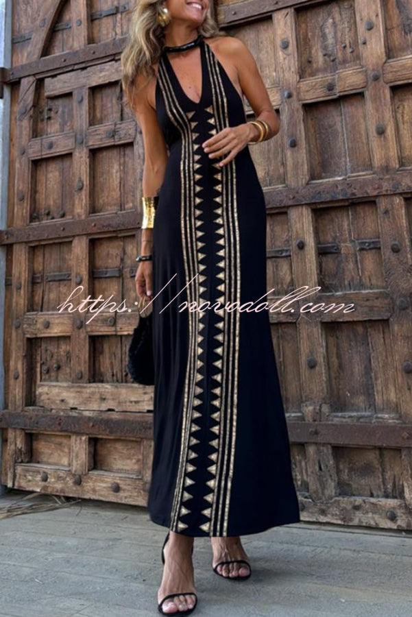 Meret Gold Geometric Print Halter Backless Stretch Maxi Dress