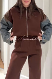 Sports Fashion Denim Patchwork Sweatshirt Fabric Zipper Long Sleeve Loose Jacket