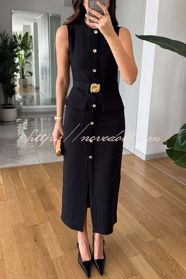 Danina Button Up Sleeveless Metal Belted Pocket Stretch Midi Dress