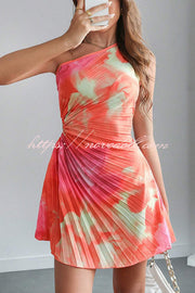 Fashion Tie-Dye One-Shoulder Hollow Pleated Mini Dress