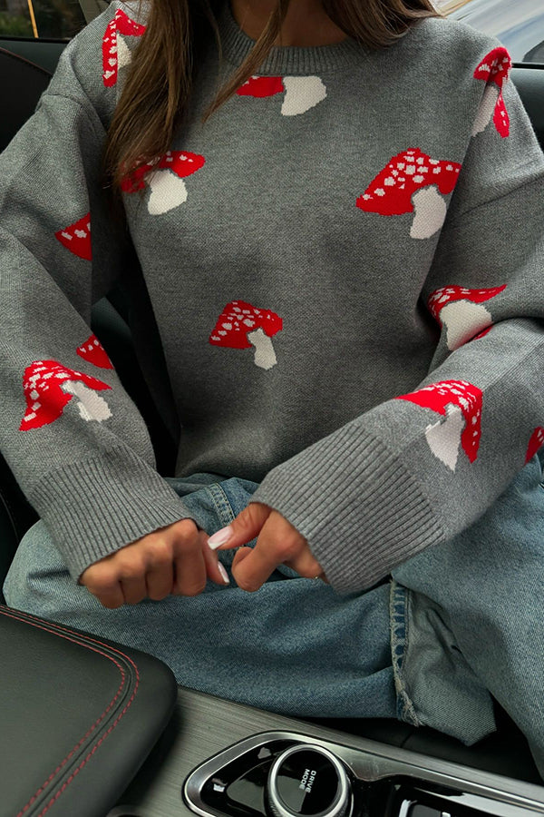 Mushroom Pattern Casual Loose Round Neck Knitted Sweater