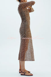 Fashion Sequined Hollow V-neck Long-sleeved Holiday Midi Dress