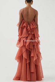 Free - Flowing Rose Detail Tiered Ruffles Halter A-line Maxi Dress