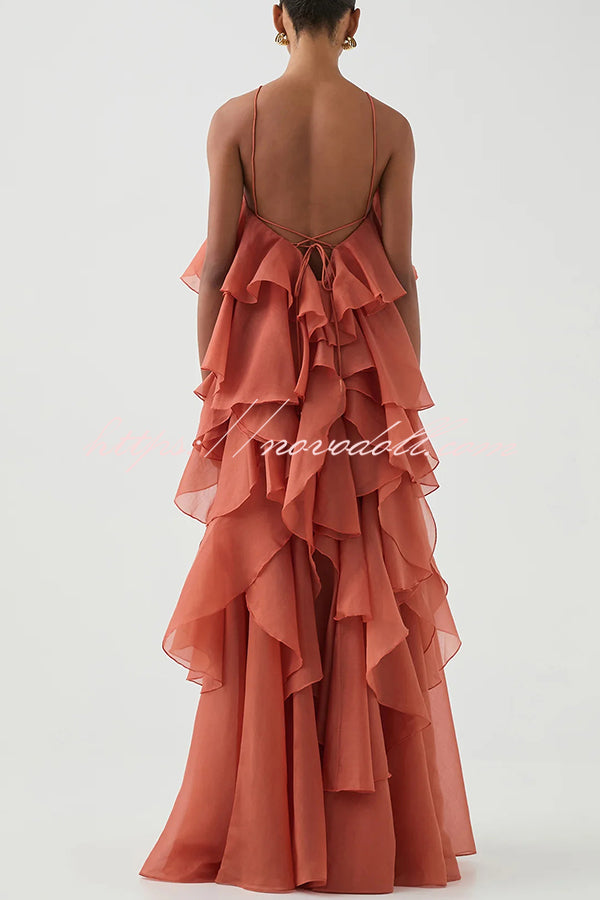 Free - Flowing Rose Detail Tiered Ruffles Halter A-line Maxi Dress