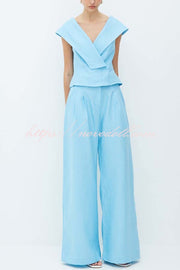 Velena Linen Blend Button Up Lapel Top and High Rise Pocket Wide Leg Pants Set