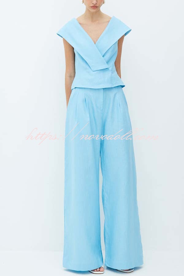 Velena Linen Blend Button Up Lapel Top and High Rise Pocket Wide Leg Pants Set