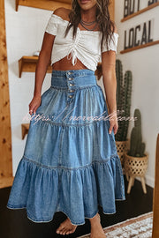 Bohemian High Rise Button Up Loose Denim Pocket Maxi Skirt