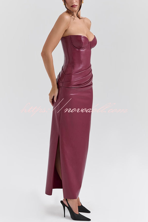 Charm Redefined Faux Leather Off Shoulder Back Lace-up Stretch Maxi Dress