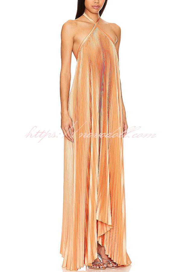 Luxurious Atmosphere Satin Halter Neck Backless A-line Gown Maxi Dress