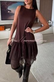 Upper East Chic Tulle Lace Tiered Hem Stretch Tank Midi Dress