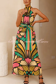 Unique Print Halter Neck Tie Backless Holiday Maxi Dress