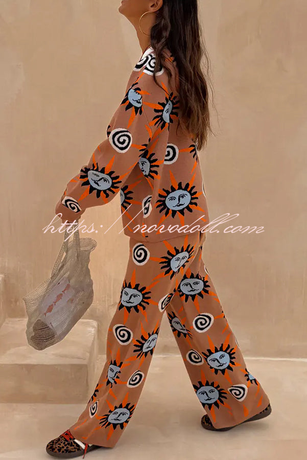 Mediterranean Art Knit Unique Sun Vortex Print Long Sleeve Relaxed Sweater