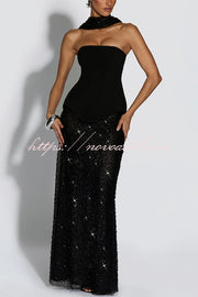 Oakley Corset Strapless Top and Sequin High Rise Maxi Skirt Scarf Set