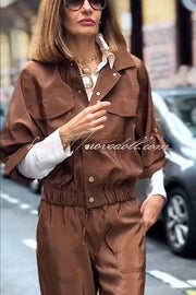 Street Charm Glossy Fabric Button Pocket Cargo Jacket and Elastic Waist Jogger Pants Set
