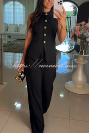 Fashion Lapel Sleeveless Button Vest and Casual Straight-leg Suit Pants Set
