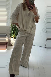 Fashion Striped Print Lapel Loose Top and Elastic Waist Casual Wide-leg Pants Set