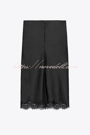 Dolly Satin Lace Trim Mid Rise Slit Drape Midi Skirt