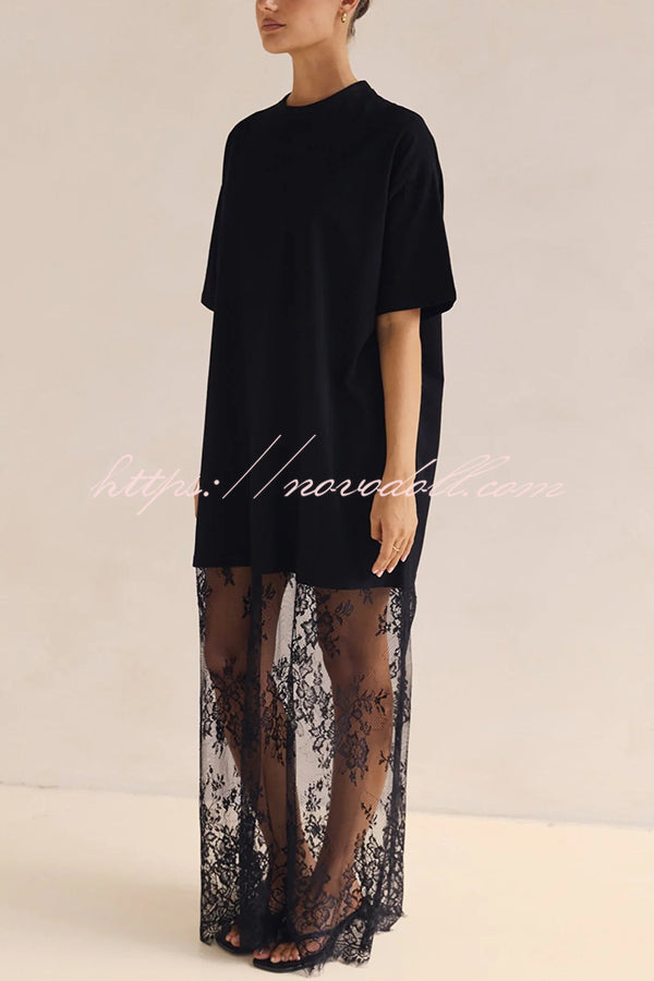 Ophelia Short Sleeve Sheer Floral Lace Hem Oversized T-shirt Maxi Dress