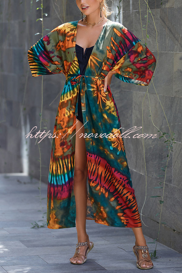 Unique Print Loose Lace Up Holiday Maxi Cover Up