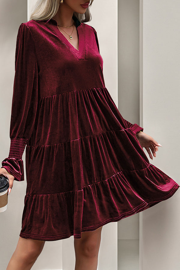 Solid Color Velvet V-Neck Long Sleeve Elegant Loose Mini Dress
