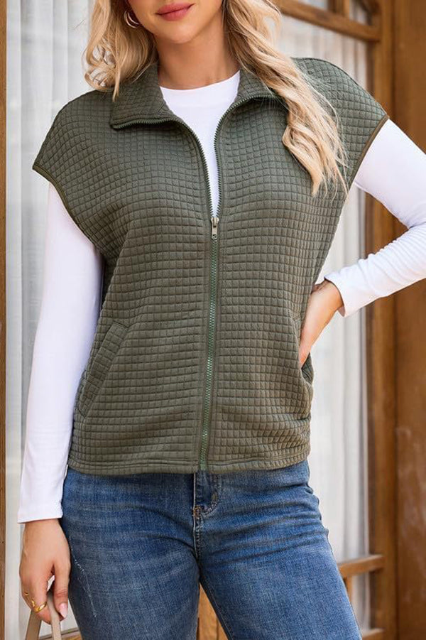 Solid Waffle Sleeveless Zipper Pocket Casual Vest