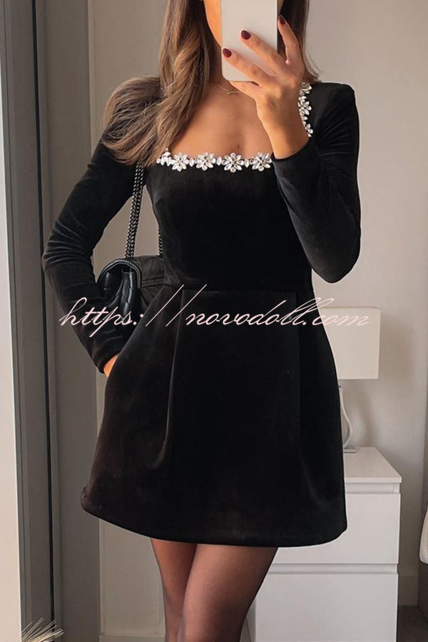 Endless Celebration Velvet Jewel Embellished Trim Long Sleeve Pocketed Mini Dress