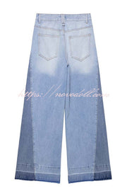 Ellison Denim Side Colorblock High Rise Pocket Wide Leg Jeans