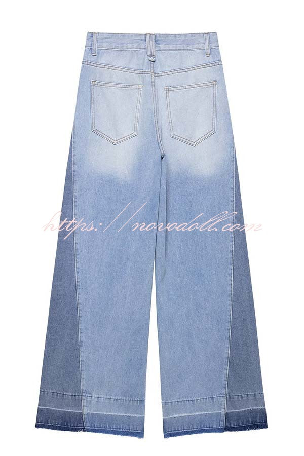Ellison Denim Side Colorblock High Rise Pocket Wide Leg Jeans