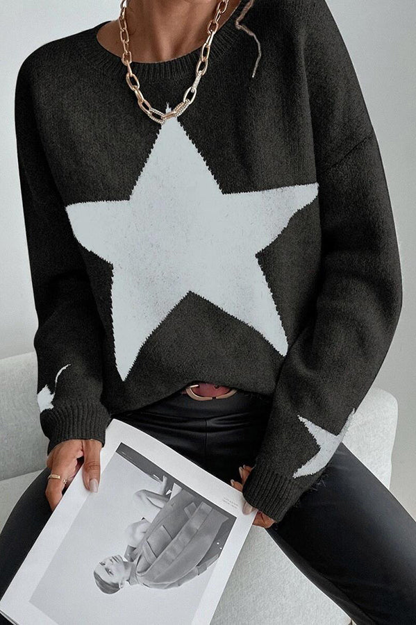 Essnce Star Pattern Crew Neck Long Sleeve Sweater