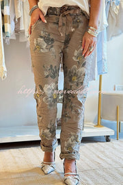 Floral Print Elastic Waist Casual Pocket Pants