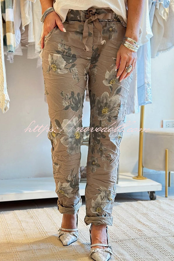 Floral Print Elastic Waist Casual Pocket Pants