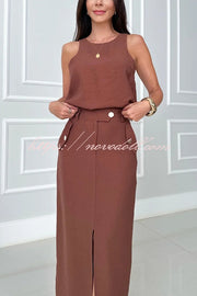 Office Lady Sleeveless Crewneck Top and Metal Button Pocket Slit Midi Skirt Set