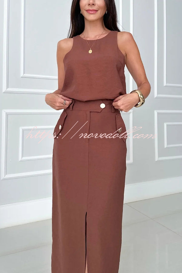 Office Lady Sleeveless Crewneck Top and Metal Button Pocket Slit Midi Skirt Set