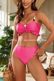 Solid Spaghetti Strap Beaded Two-piece Stretch Bikini Swimsuit