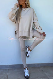 Solid Color Loose Long Sleeve SlitSweatshirt and Elastic Waist Tight Pants Set