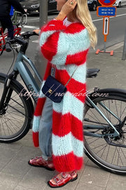 Fashionable Contrast Stripes Lazy Style Loose Long Knitted Cardigan