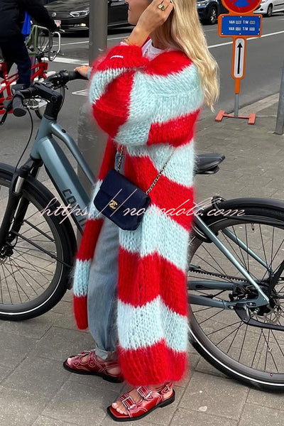 Fashionable Contrast Stripes Lazy Style Loose Long Knitted Cardigan
