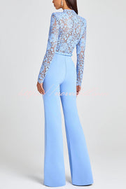 Party Charmer Flower Lace Patchwork Long Sleeve Bow Belted Flare Jumpsuit