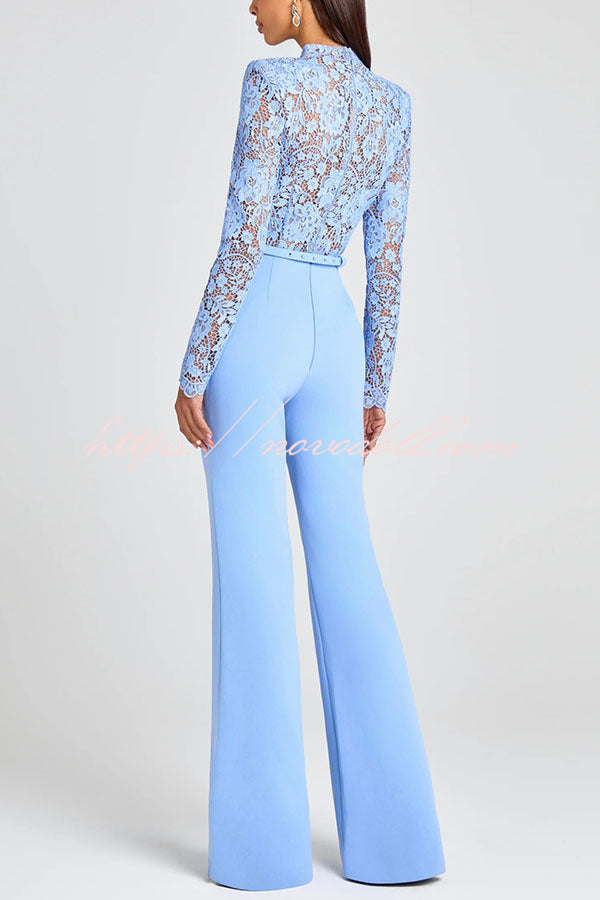 Party Charmer Flower Lace Patchwork Long Sleeve Bow Belted Flare Jumpsuit
