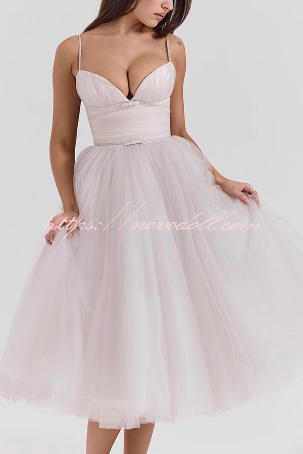 Royal Treatment Tulle Bows Detail Ruched Slip Midi Dress